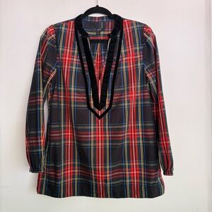 J. CREW Velvet Trimmed V-neck Tunic Blouse Top Red Christmas Plaid Holiday Small